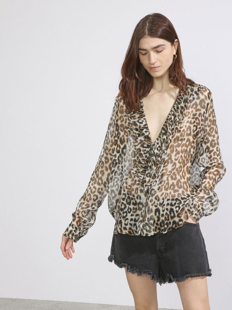 RAEY Leopard-Print Ruffle Silk Blouse Size S