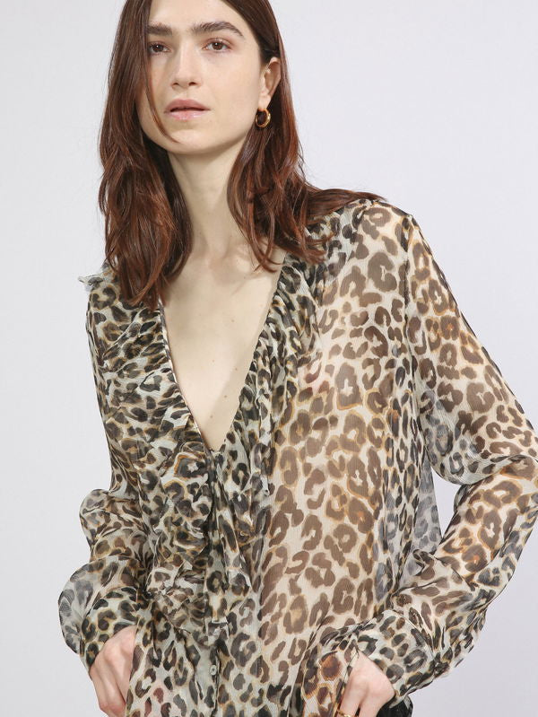 RAEY Leopard-Print Ruffle Silk Blouse Size S