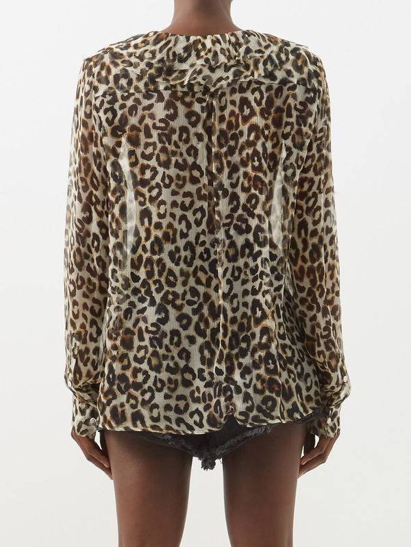 RAEY Leopard-Print Ruffle Silk Blouse Size S