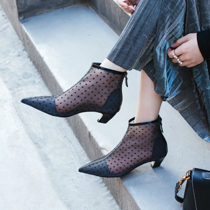 CHRISTIAN DIOR Black Polka-dot Mesh Bootie Size 38,5