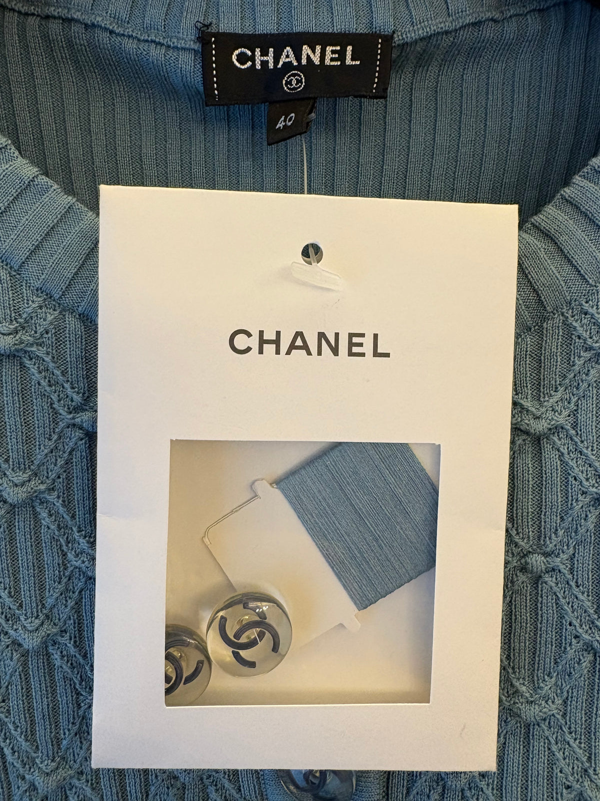 CHANEL (NWT) Grey Blue Cotton/Silk Ribbed Knit Pullover Size FR 40