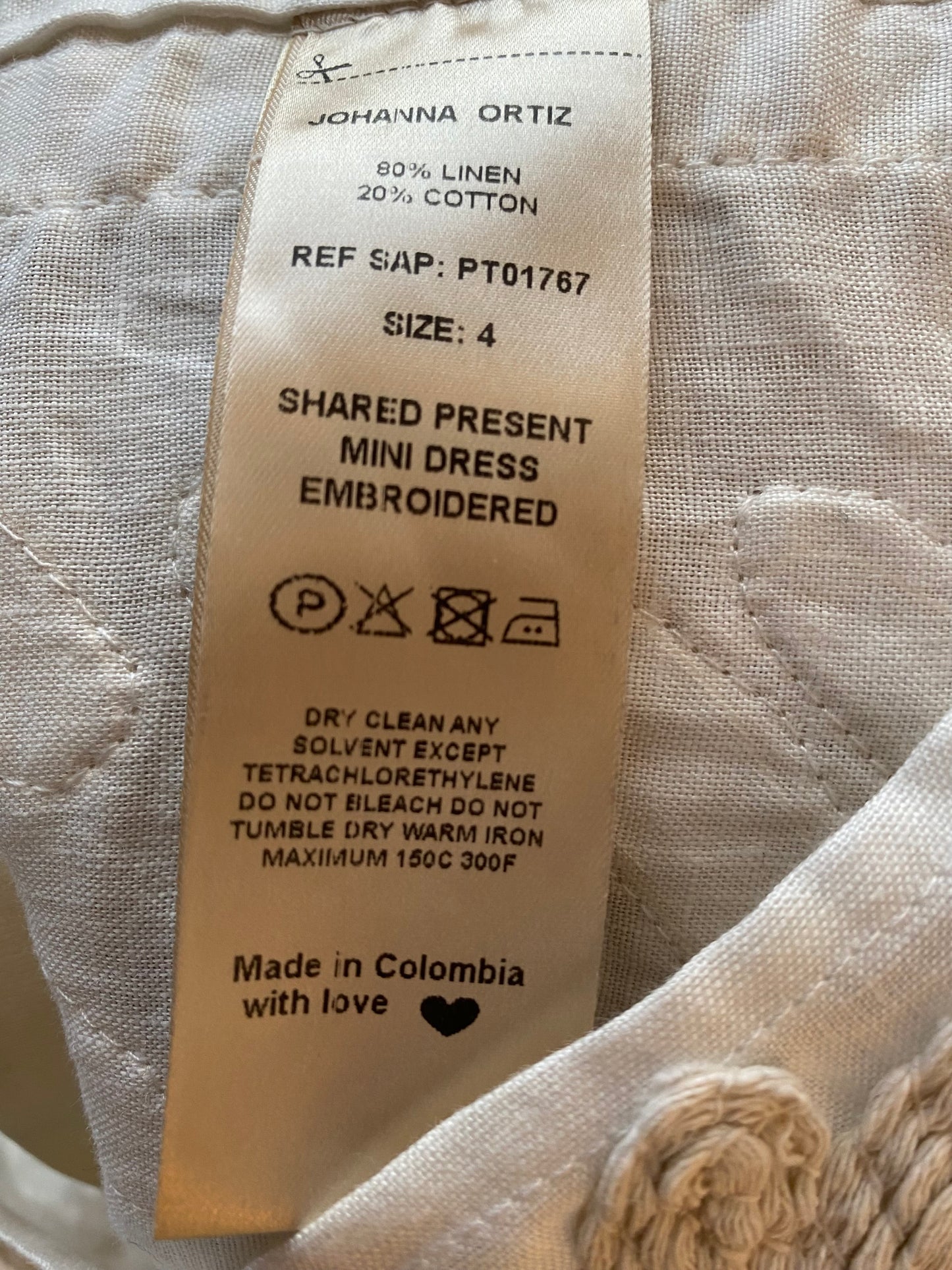 JOHANNA ORTIZ Embroidered Linen Dress Size 4