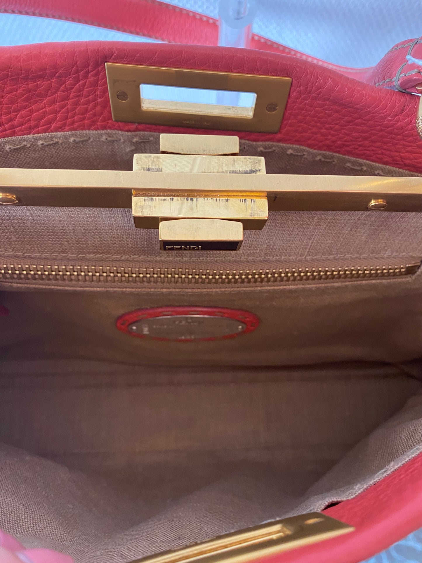 FENDI Coral Orange Peekaboo Top Handle Bag