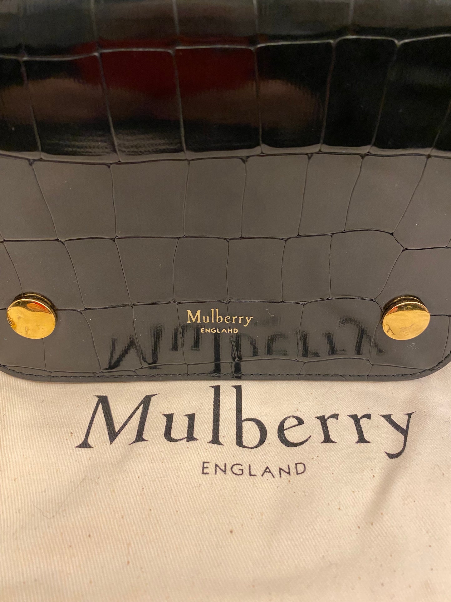 MULBERRY Small Clifton in Black Polished Embossed Croc Printed Leather