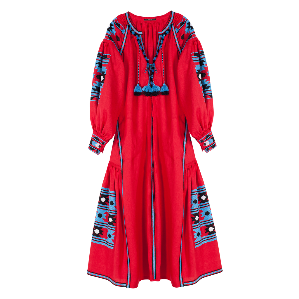 VITA KIN Red Linen Embroidered Dress Size S/M