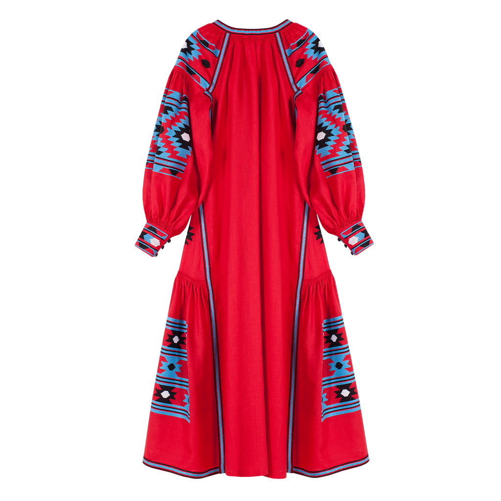 VITA KIN Red Linen Embroidered Dress Size S/M