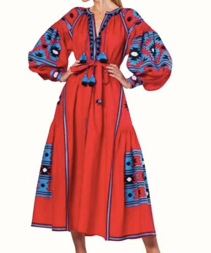 VITA KIN Red Linen Embroidered Dress Size S/M