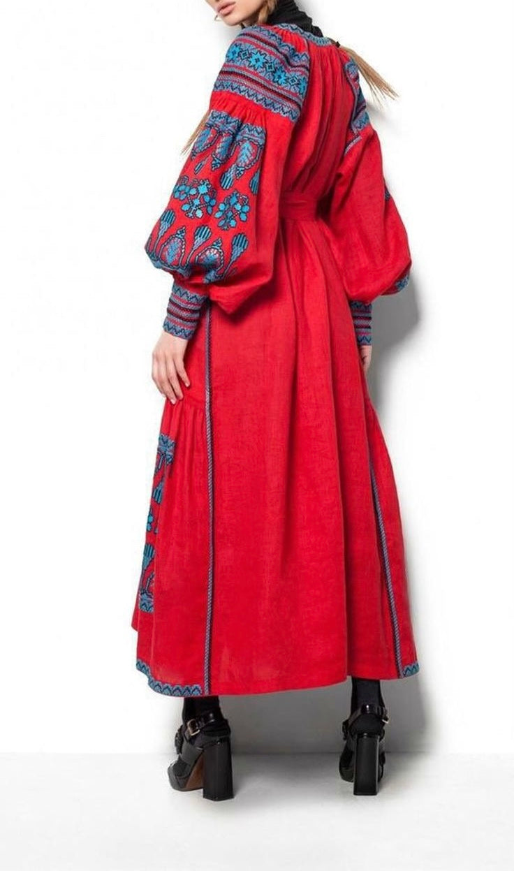 VITA KIN Red Linen Embroidered Dress Size S/M