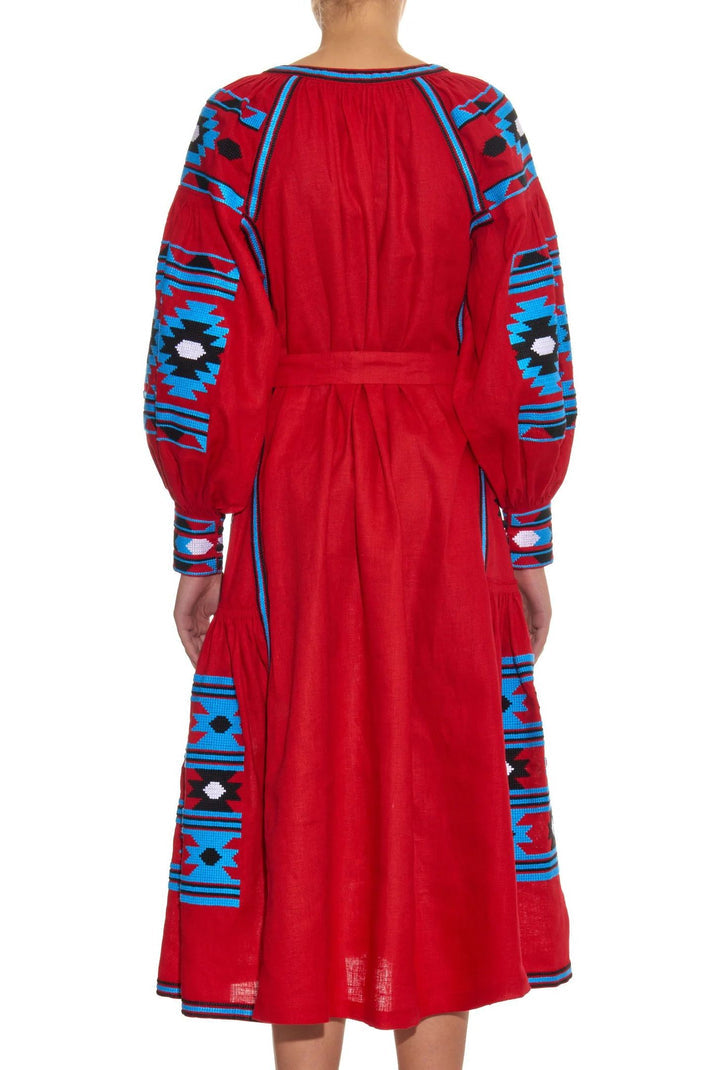 VITA KIN Red Linen Embroidered Dress Size S/M