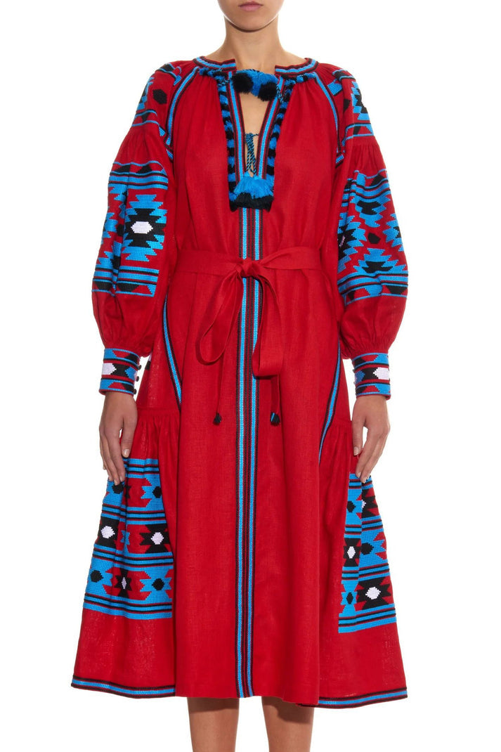 VITA KIN Red Linen Embroidered Dress Size S/M