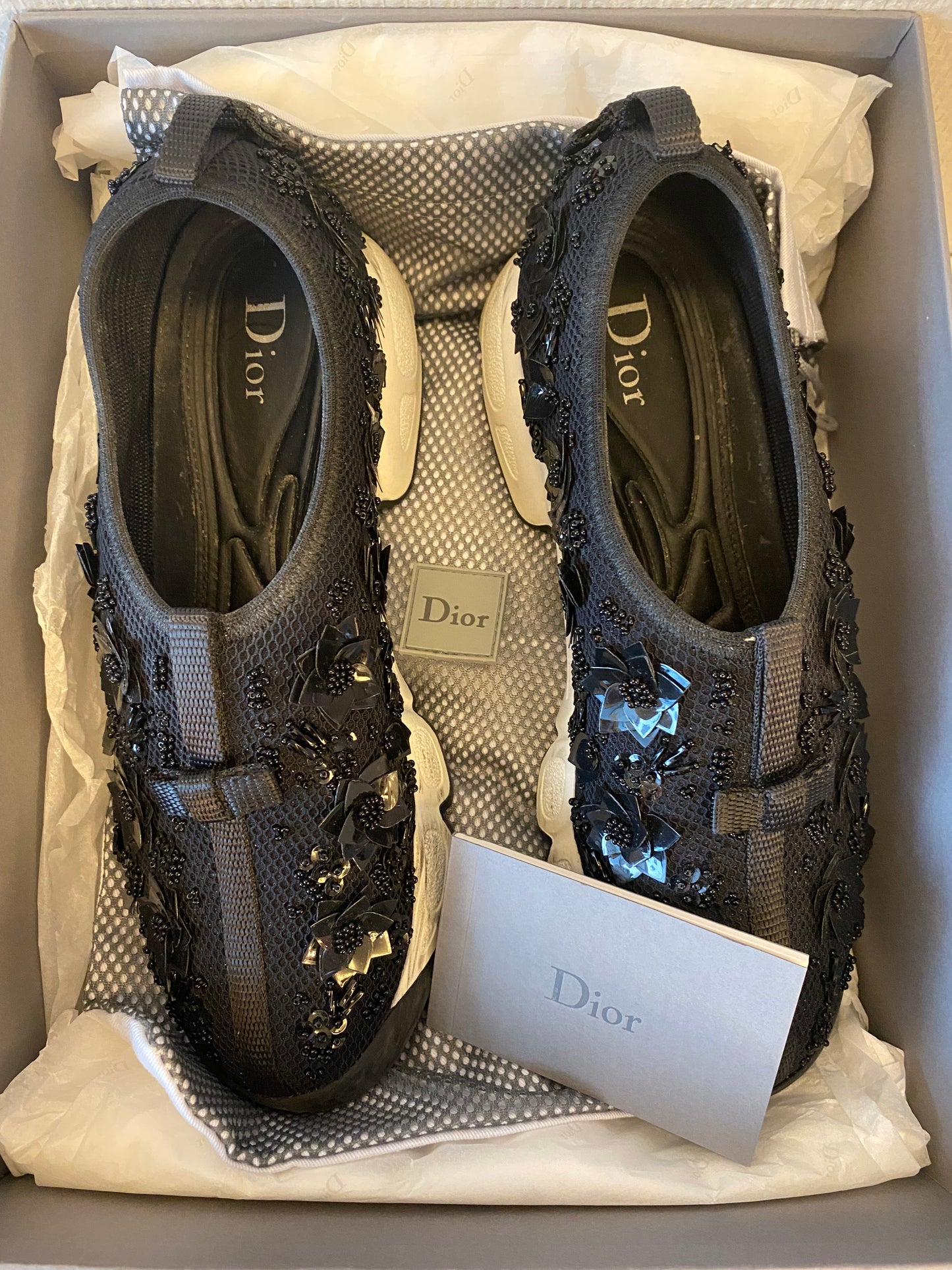 CHRISTIAN DIOR Black Mesh Fusion Flowers Embellished Sneakers Size 36