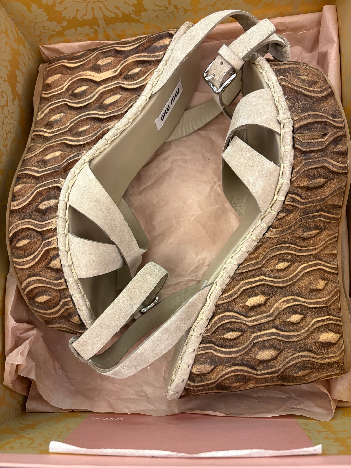 MIU MIU Sculpted Wood Wedge Sandals Size 38.5