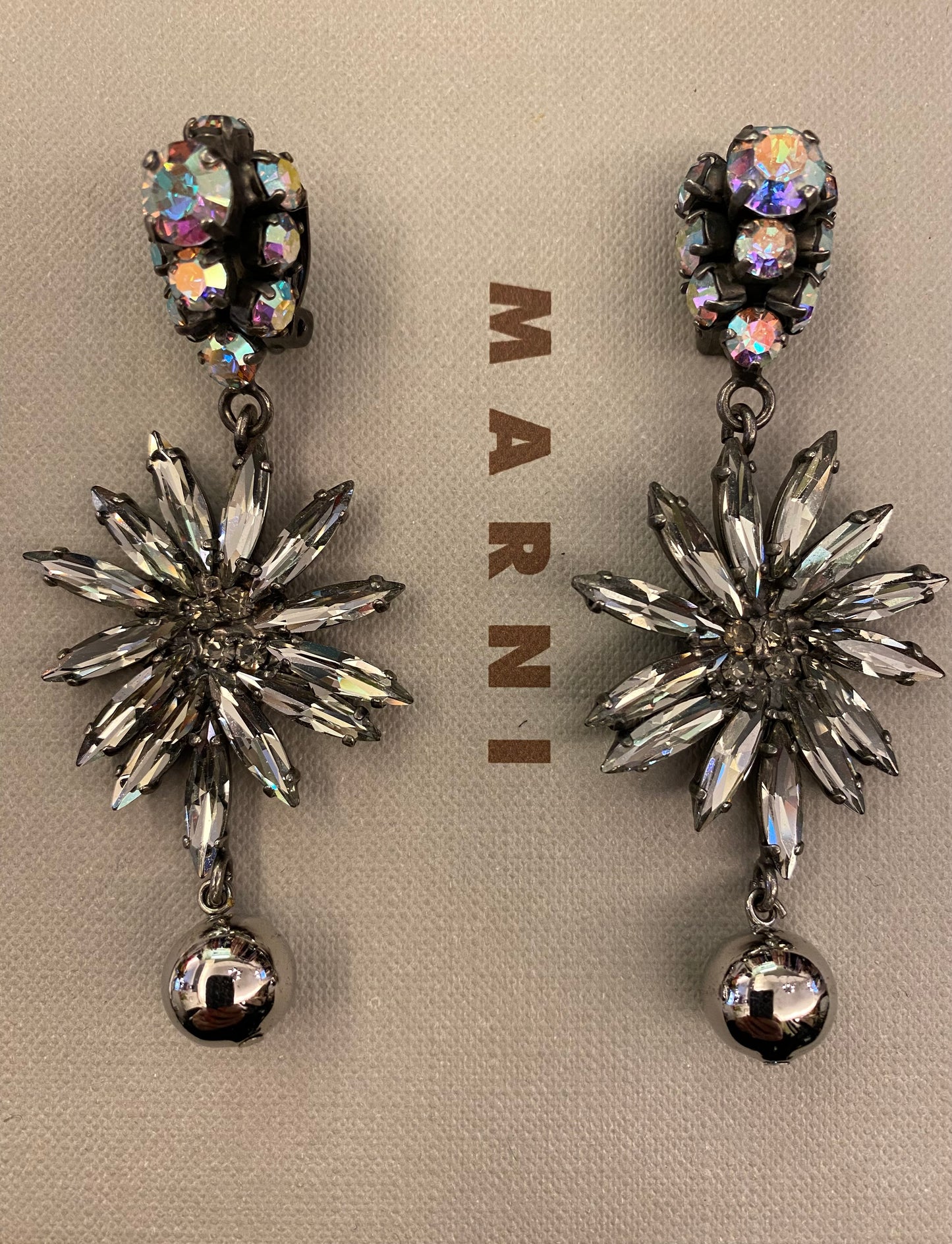 MARNI Silver Swarovski Crystals Floral Drop Clip On Earrings