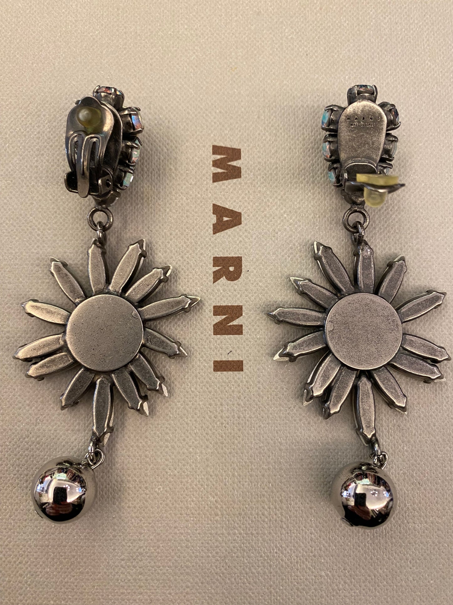 MARNI Silver Swarovski Crystals Floral Drop Clip On Earrings