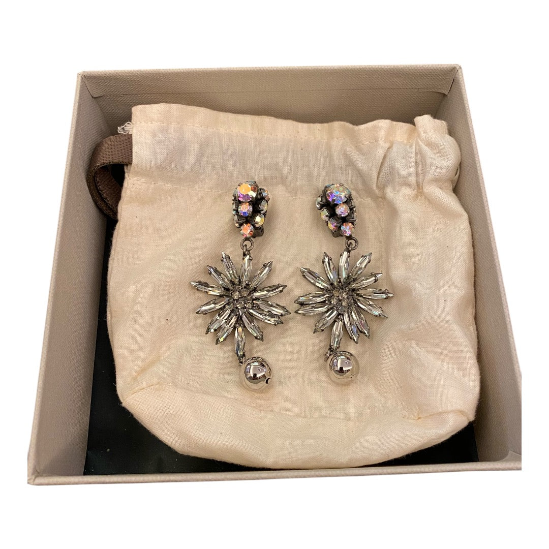 MARNI Silver Swarovski Crystals Floral Drop Clip On Earrings