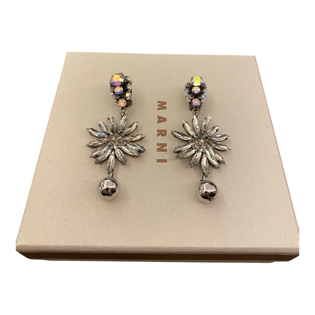 MARNI Silver Swarovski Crystals Floral Drop Clip On Earrings