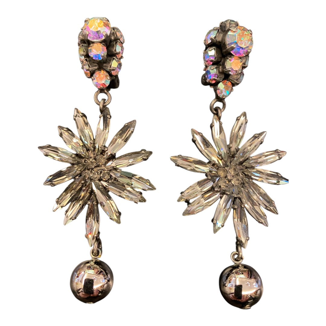 MARNI Silver Swarovski Crystals Floral Drop Clip On Earrings