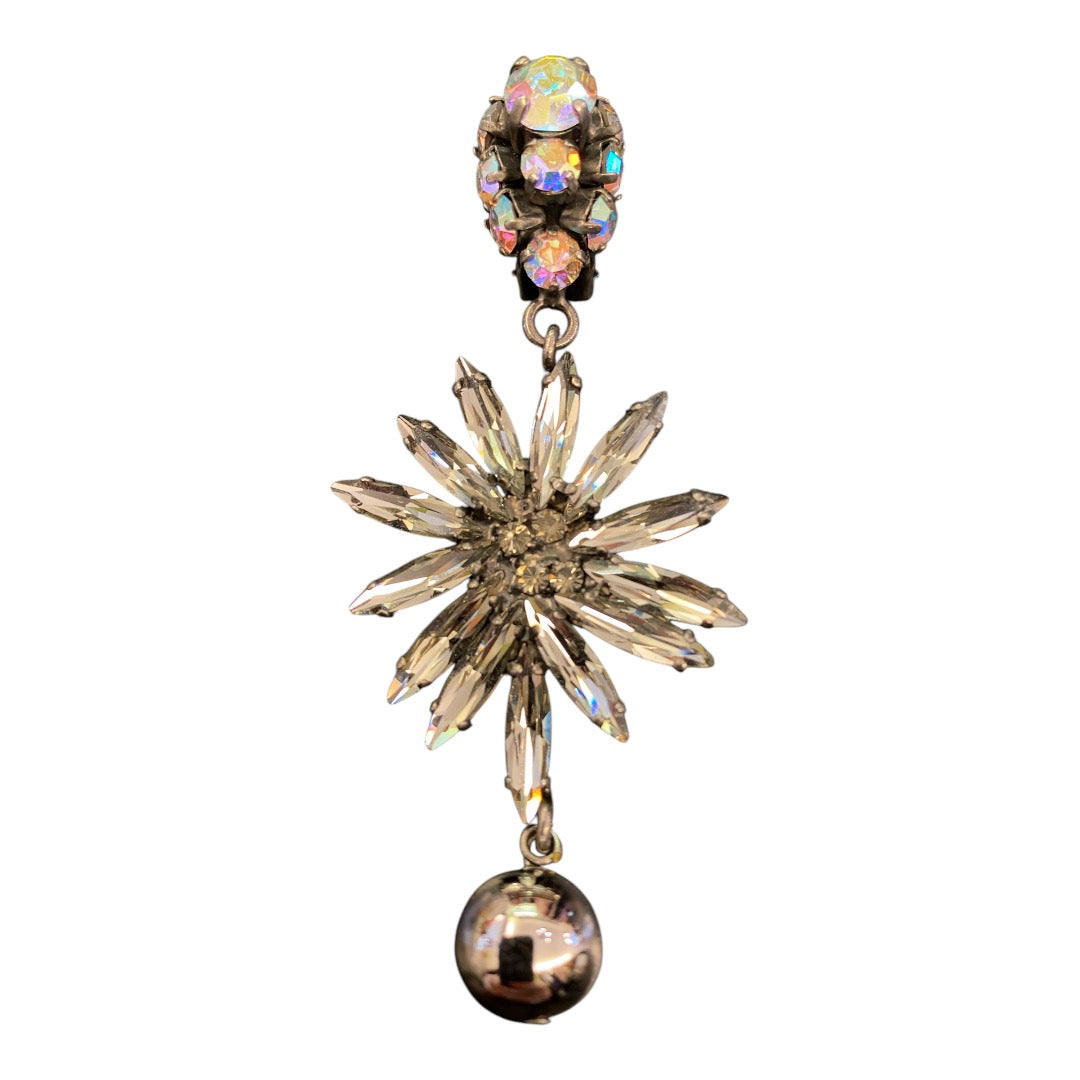 MARNI Silver Swarovski Crystals Floral Drop Clip On Earrings