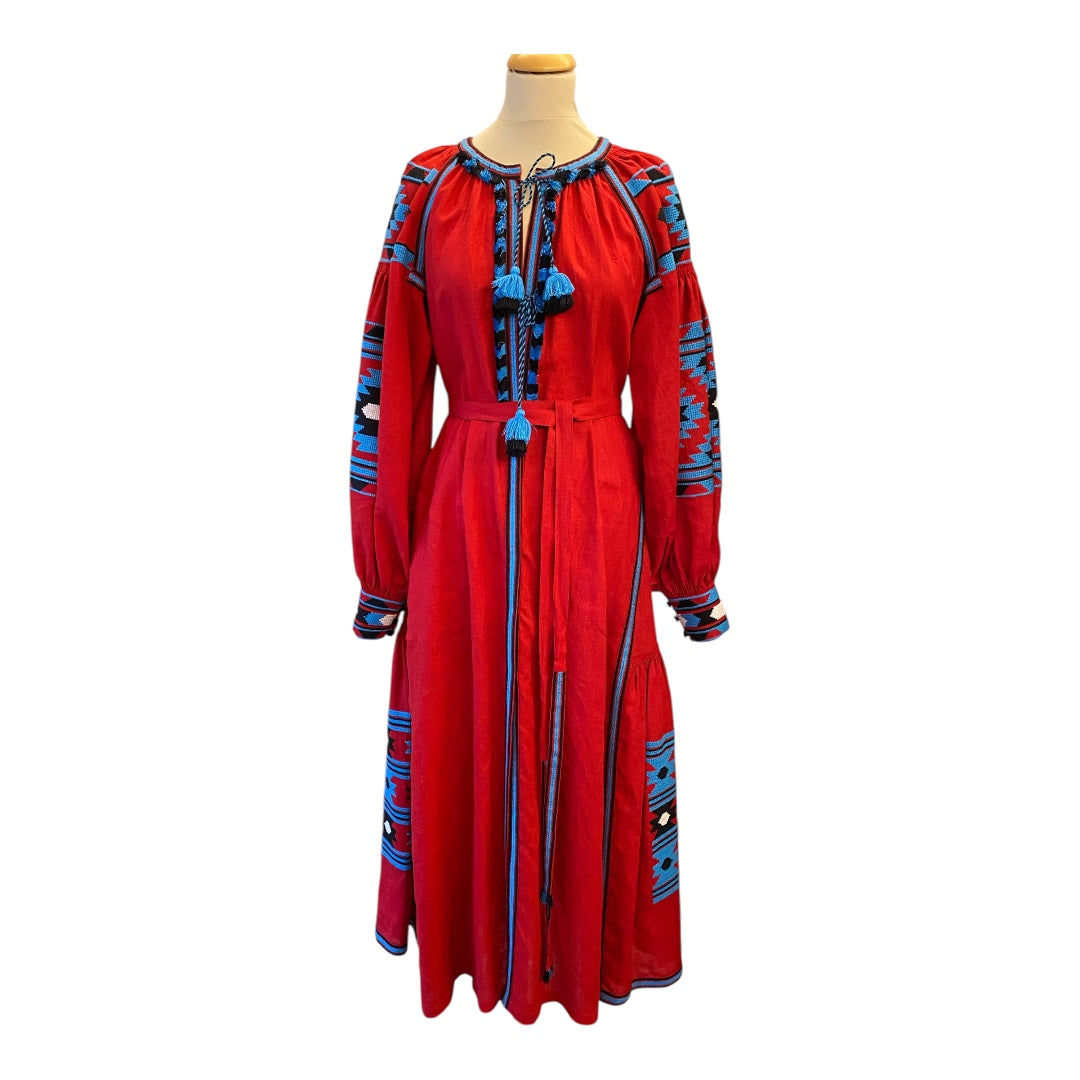 VITA KIN Red Linen Embroidered Dress Size S/M