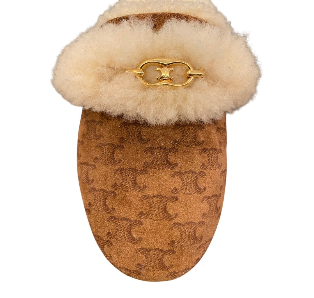 CELINE Suede Shearling Fur Mules Size 39
