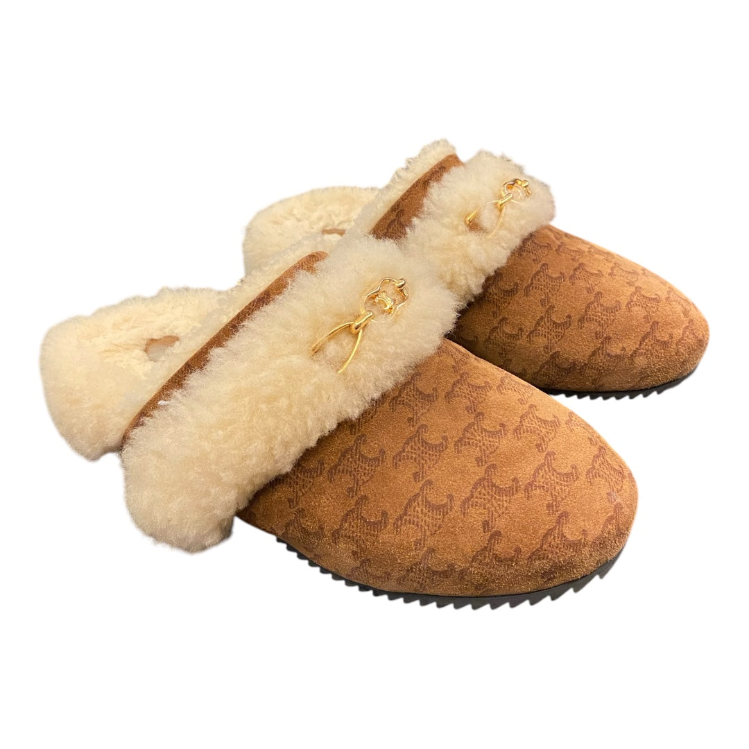 CELINE Suede Shearling Fur Mules Size 39