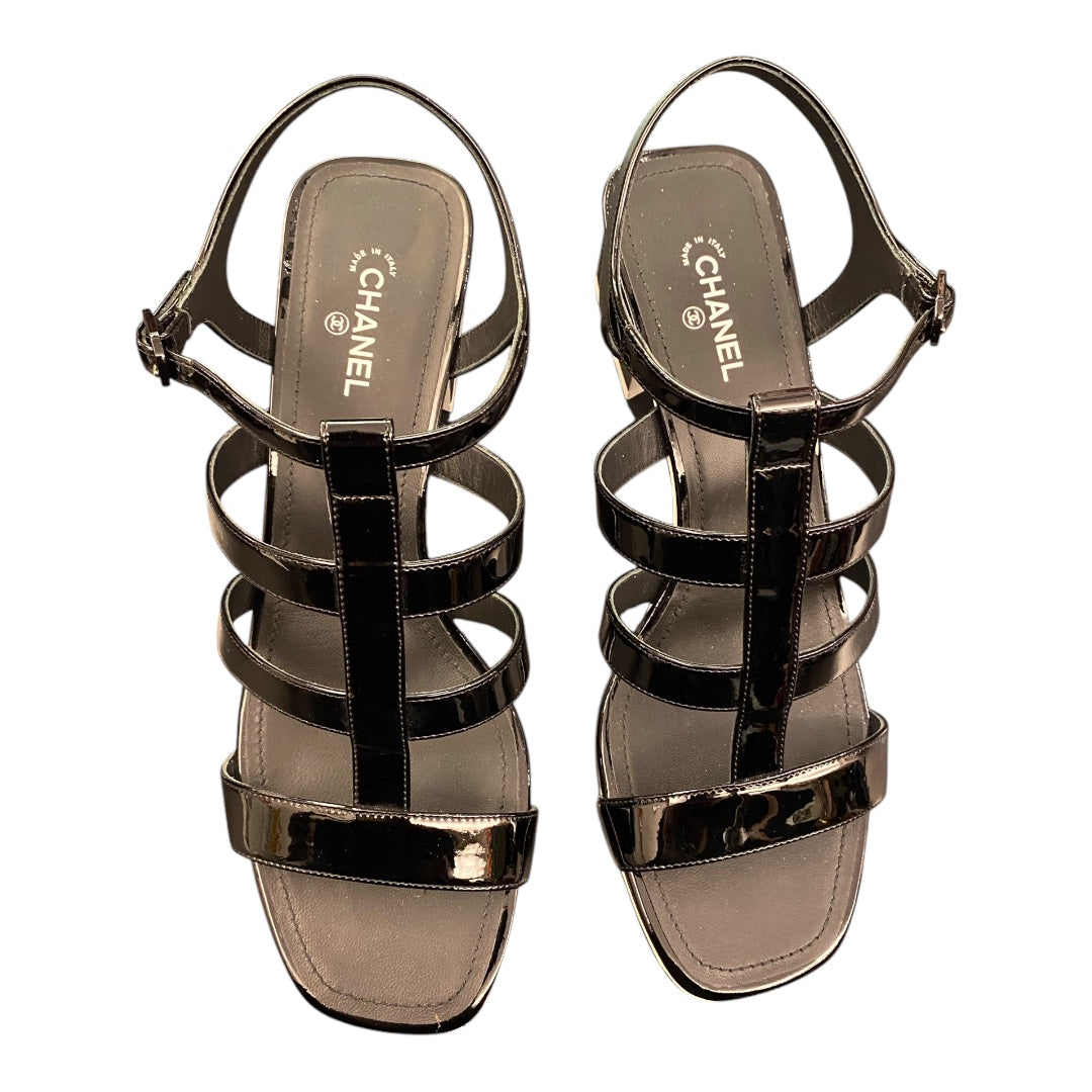 CHANEL Black Patent Leather Block Heels Sandals Size 40C