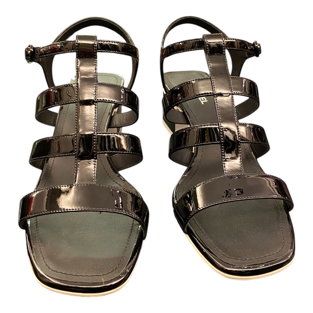 CHANEL Black Patent Leather Block Heels Sandals Size 40C