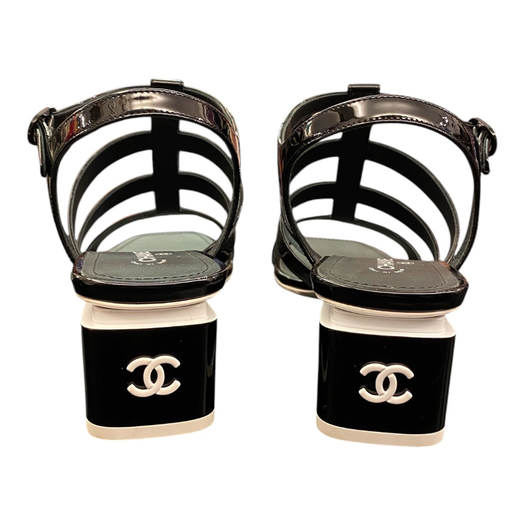 CHANEL Black Patent Leather Block Heels Sandals Size 40C