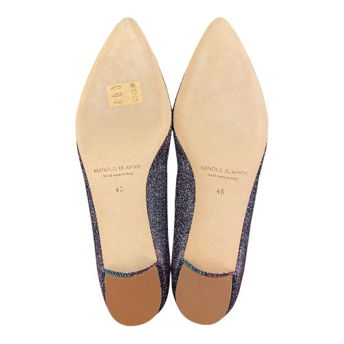 MANOLO BLAHNIK Hangisi Flat Blue Glitter Ballerina Size 40
