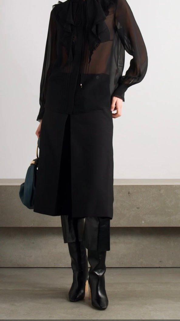 CHLOÉ Lace-Trimmed Pleated Silk-Chiffon Blouse Size S