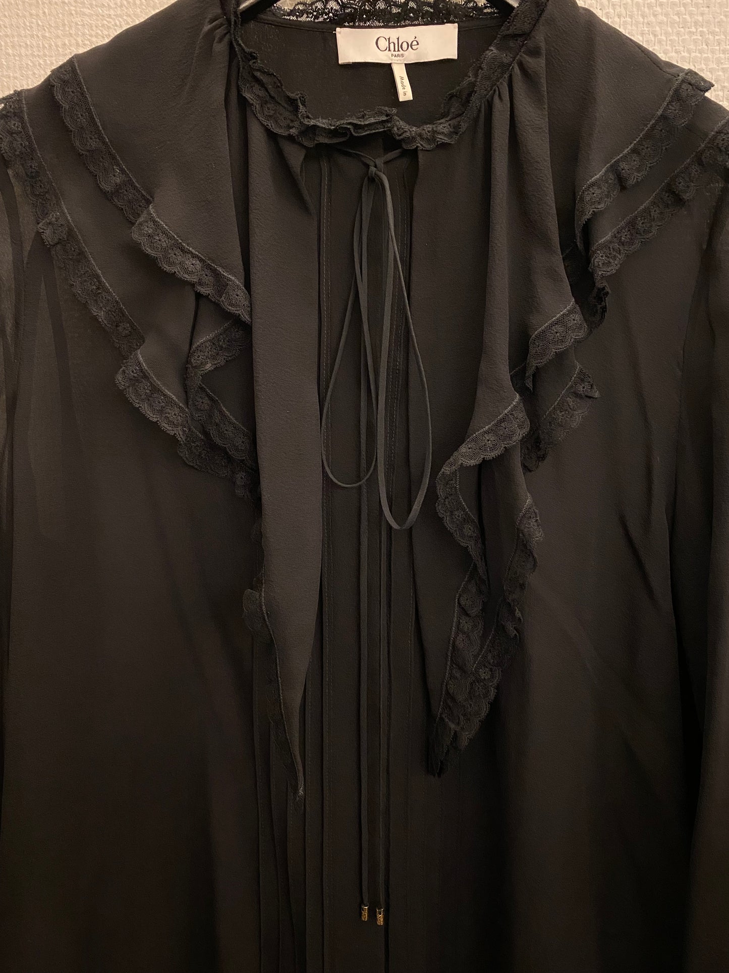 CHLOÉ Lace-Trimmed Pleated Silk-Chiffon Blouse Size S