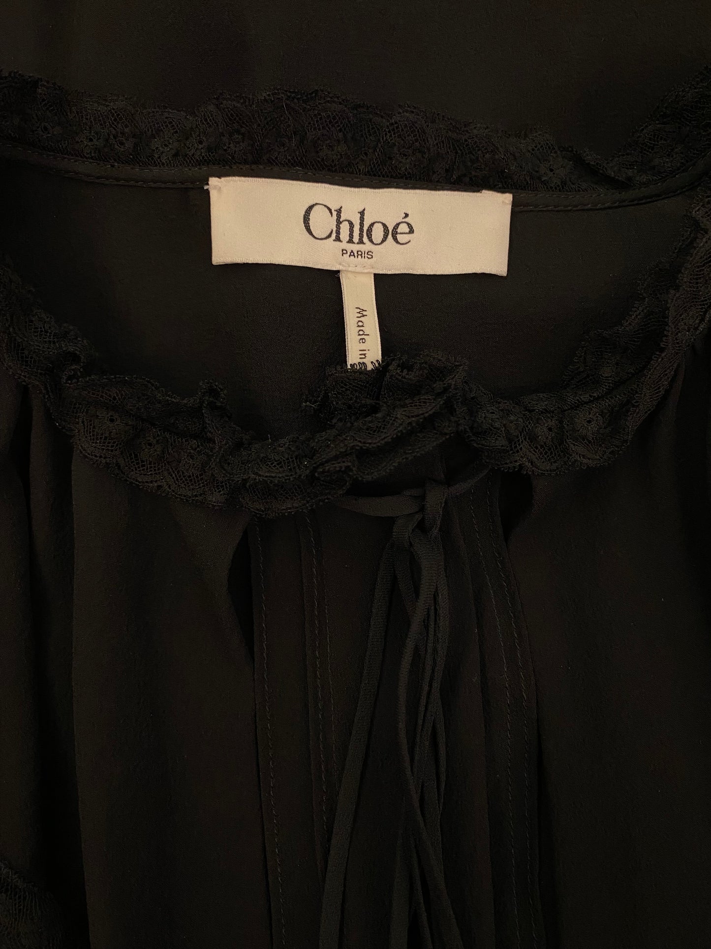 CHLOÉ Lace-Trimmed Pleated Silk-Chiffon Blouse Size S