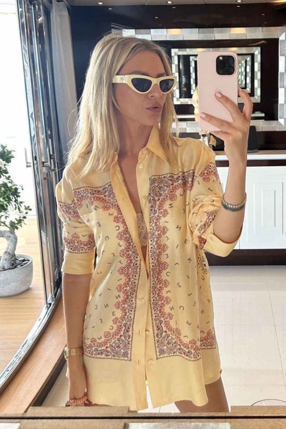 CELINE Beige Print Twill Silk Shirt Size 36