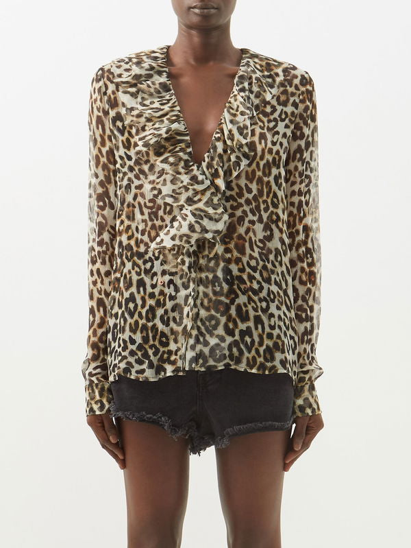 RAEY Leopard-Print Ruffle Silk Blouse Size S