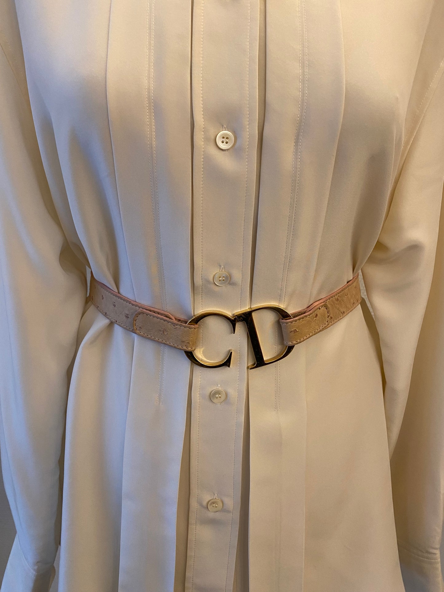 CHRISTIAN DIOR Ostrich Embossed Leather CD Buckle Belt 70