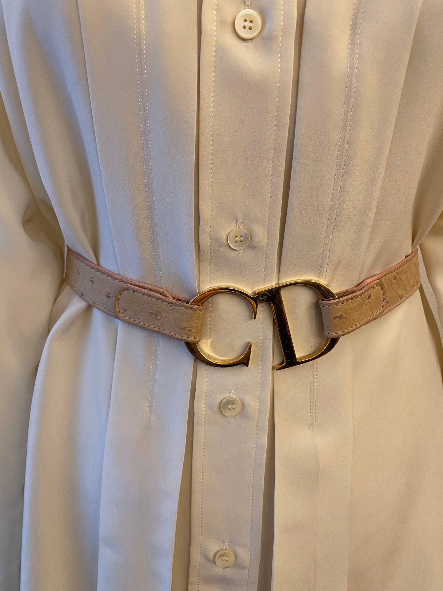 CHRISTIAN DIOR Ostrich Embossed Leather CD Buckle Belt 70
