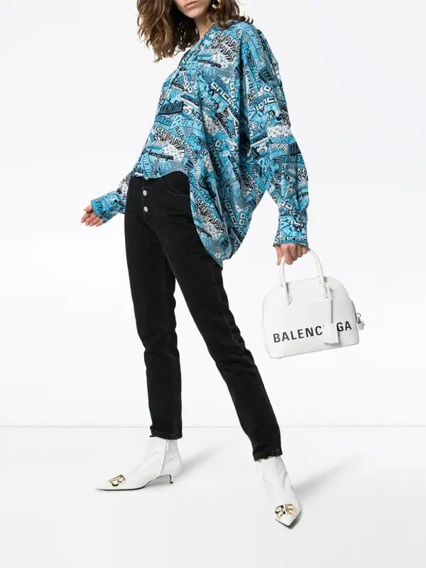 BALENCIAGA Logo Text Print Tie-Neck Silk Shirt Size 36