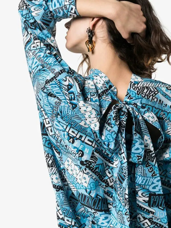 BALENCIAGA Logo Text Print Tie-Neck Silk Shirt Size 36