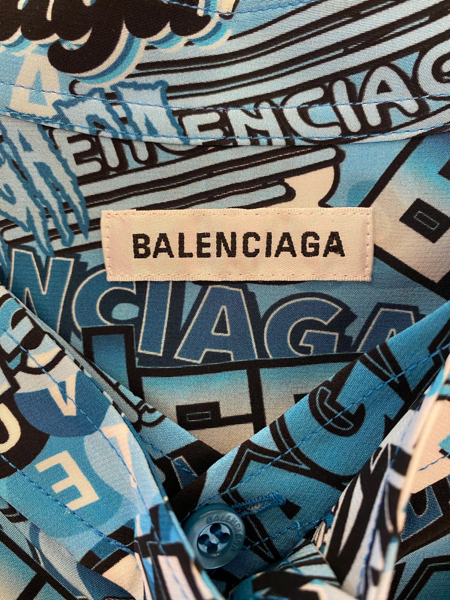 BALENCIAGA Logo Text Print Tie-Neck Silk Shirt Size 36