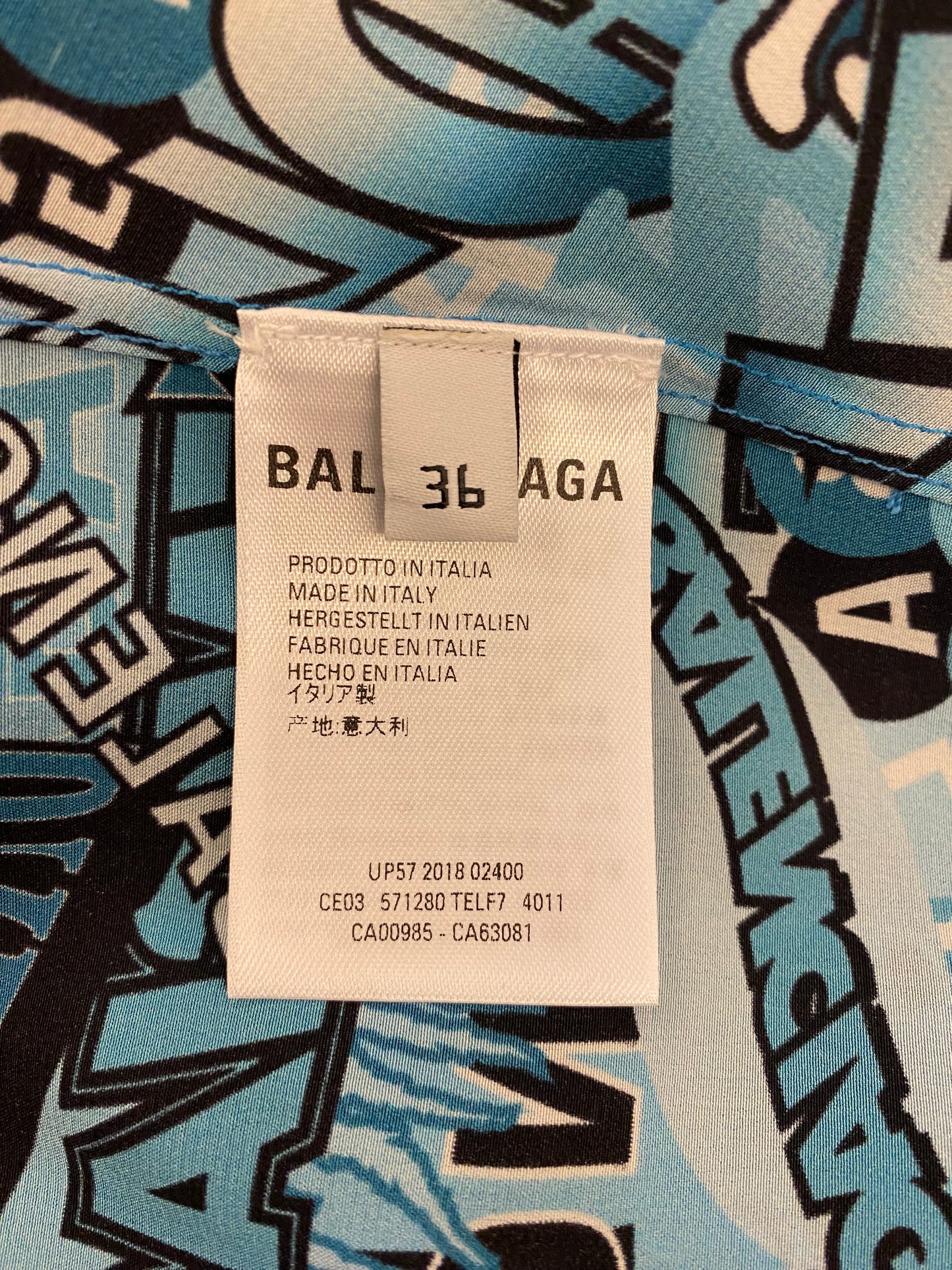 BALENCIAGA Logo Text Print Tie-Neck Silk Shirt Size 36