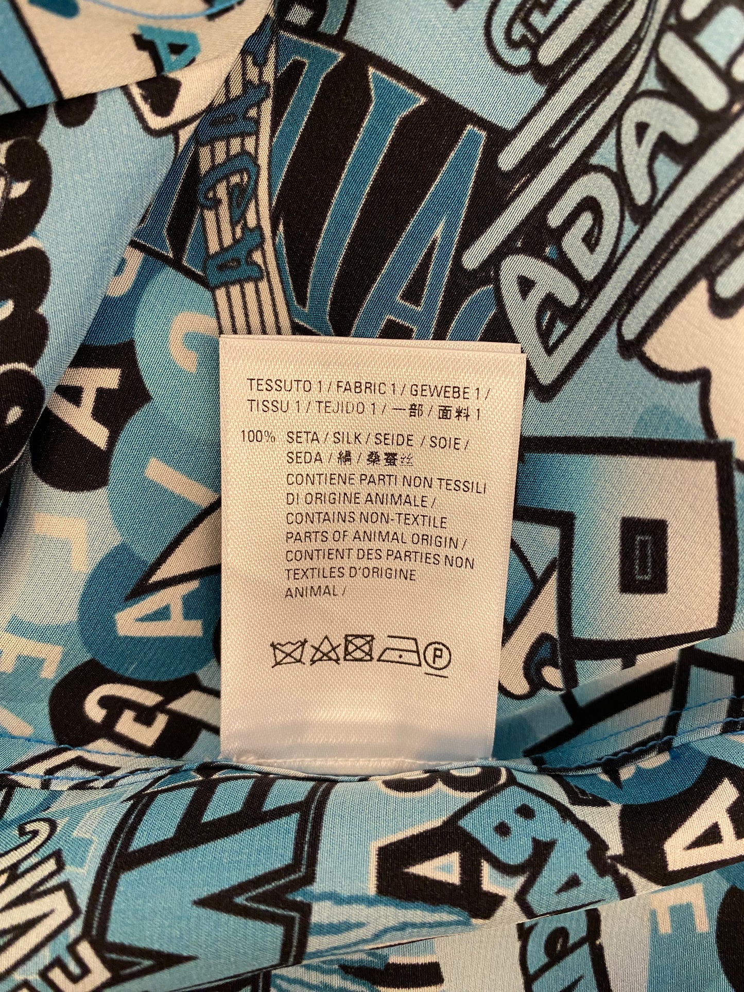 BALENCIAGA Logo Text Print Tie-Neck Silk Shirt Size 36