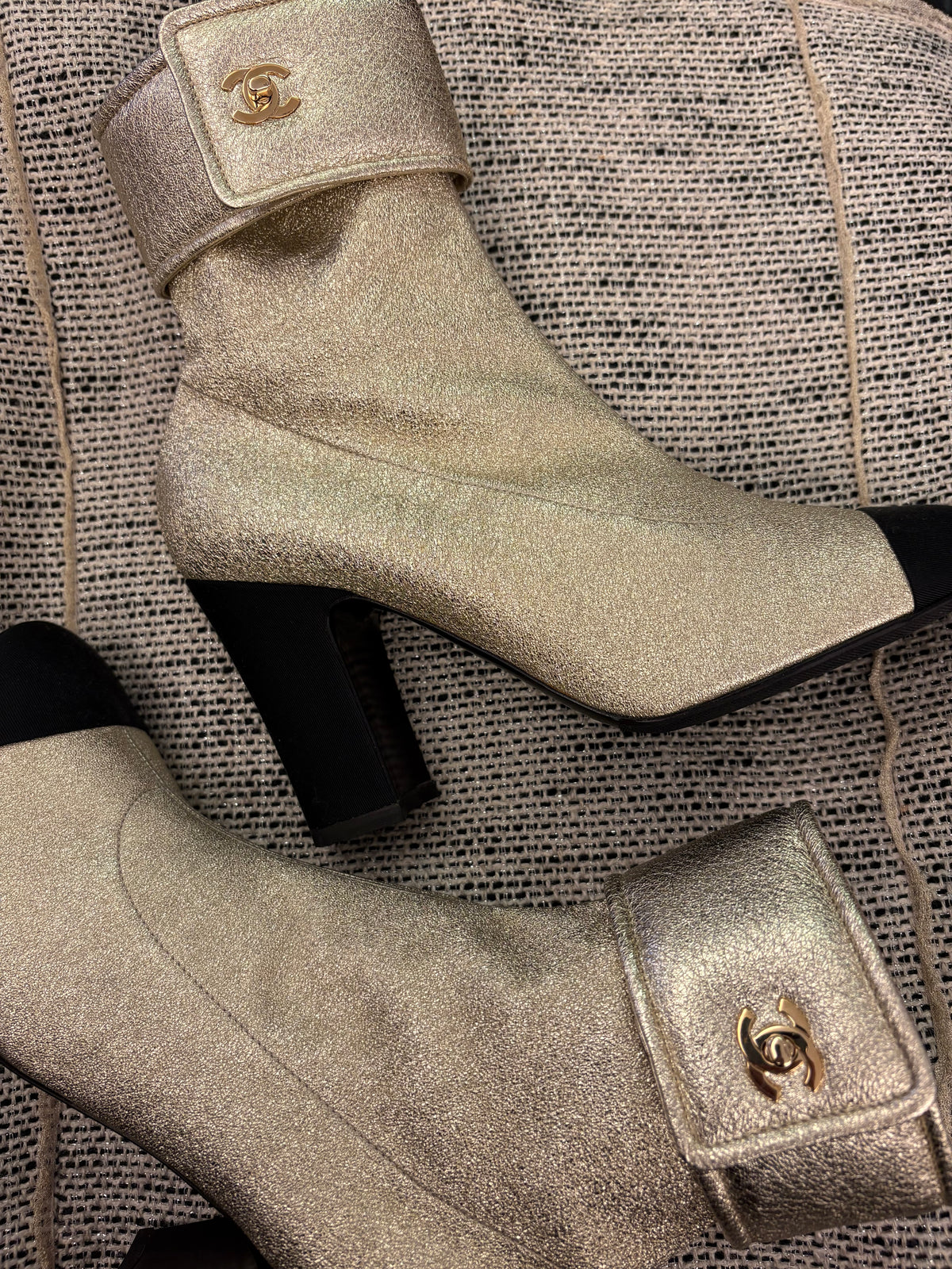 CHANEL Metallic Gold Leather CC Turn-Lock Ankle Boots Size 40
