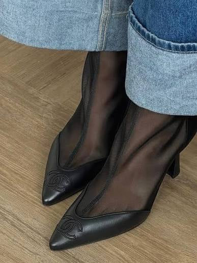 CHANEL (Brand New-2026) Black Mesh & Lambskin CC Logo Cap Toe Ankle Boots Size 40