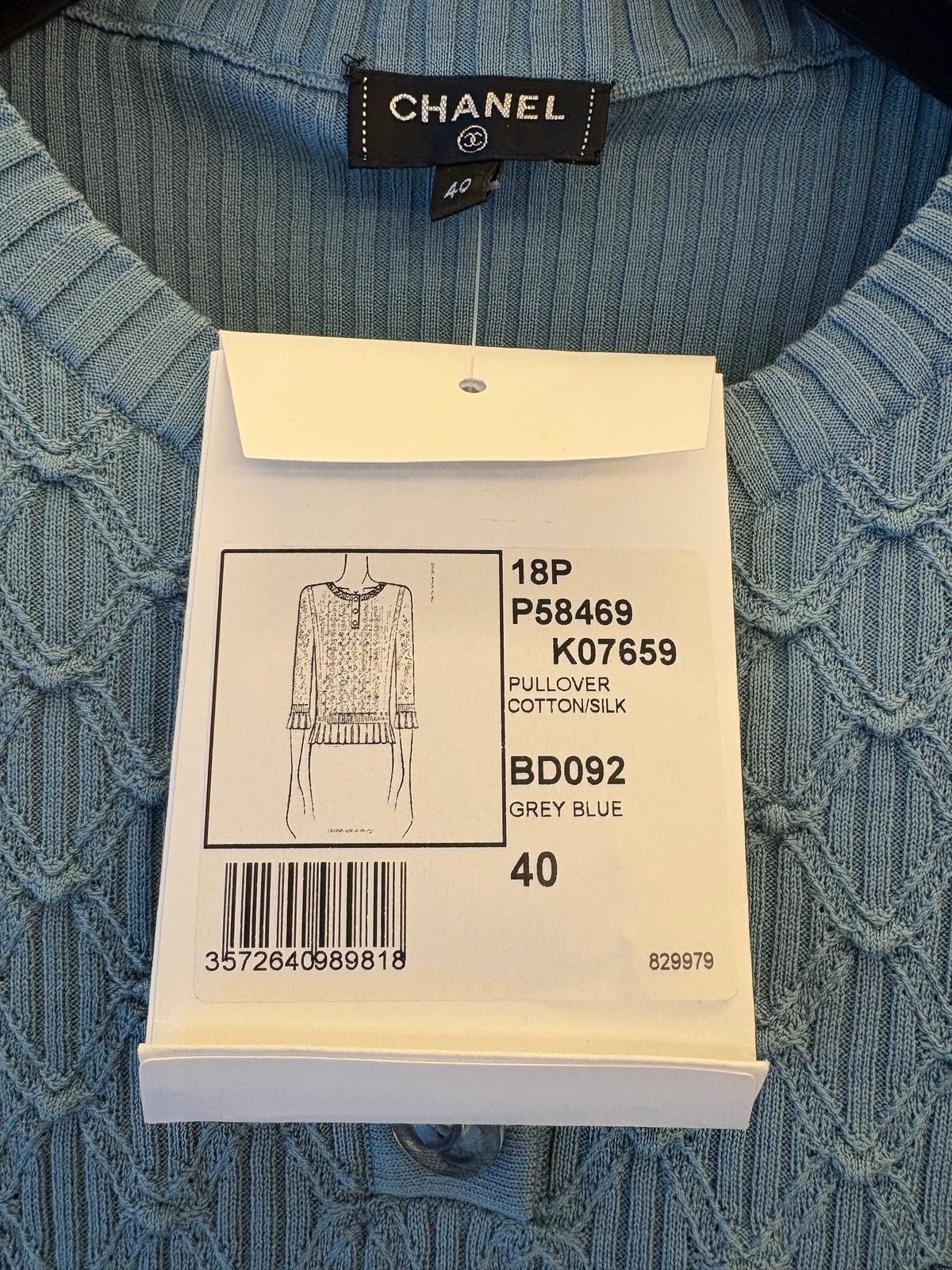 CHANEL (NWT) Grey Blue Cotton/Silk Ribbed Knit Pullover Size FR 40