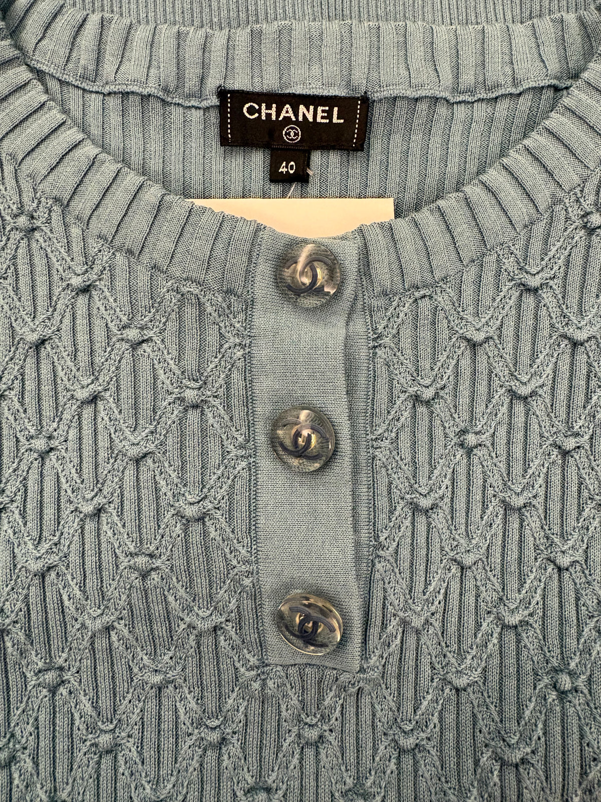 CHANEL (NWT) Grey Blue Cotton/Silk Ribbed Knit Pullover Size FR 40