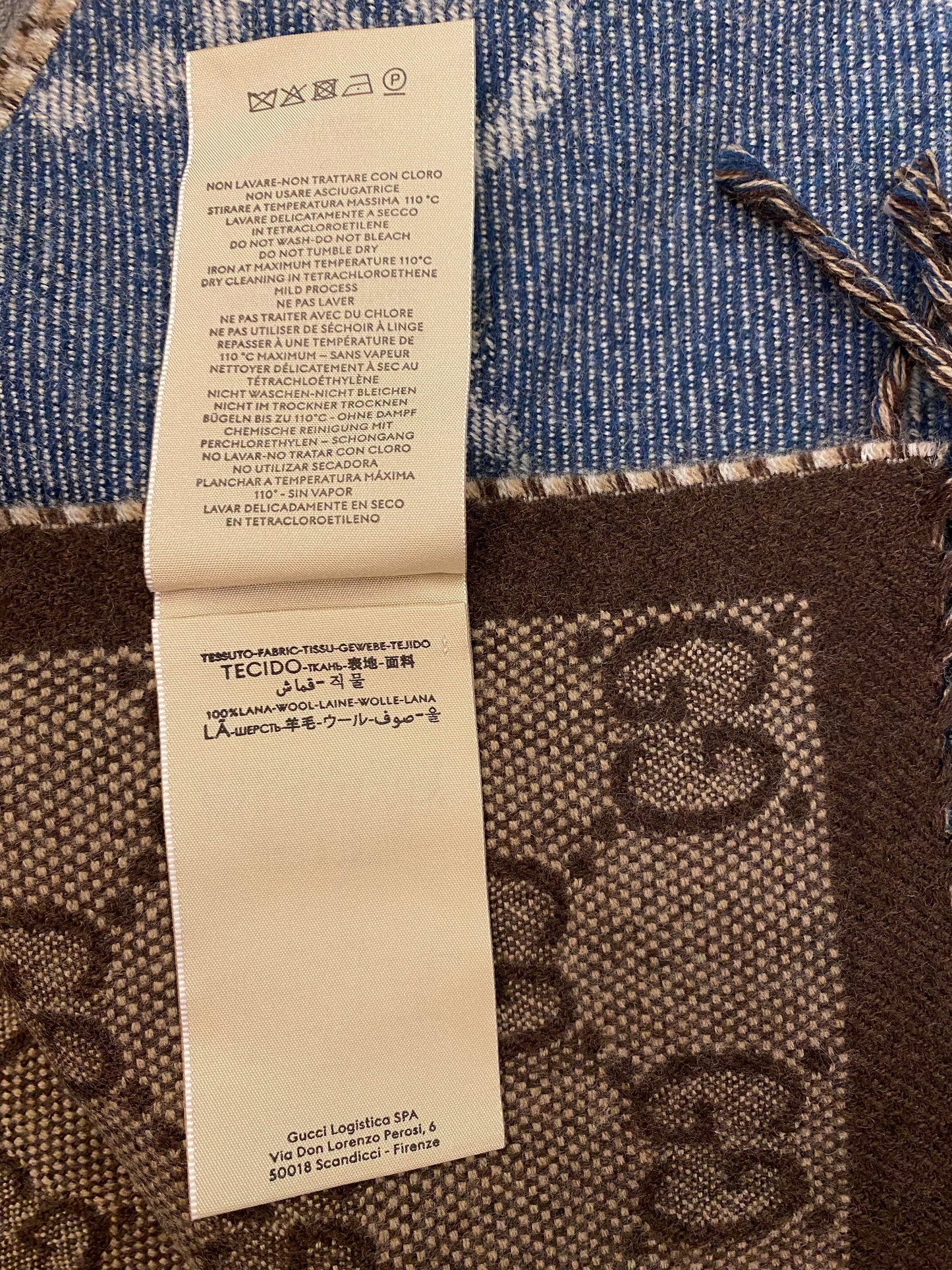 GUCCI GG Jacquard Knit Wool Scarf Brown/Navy