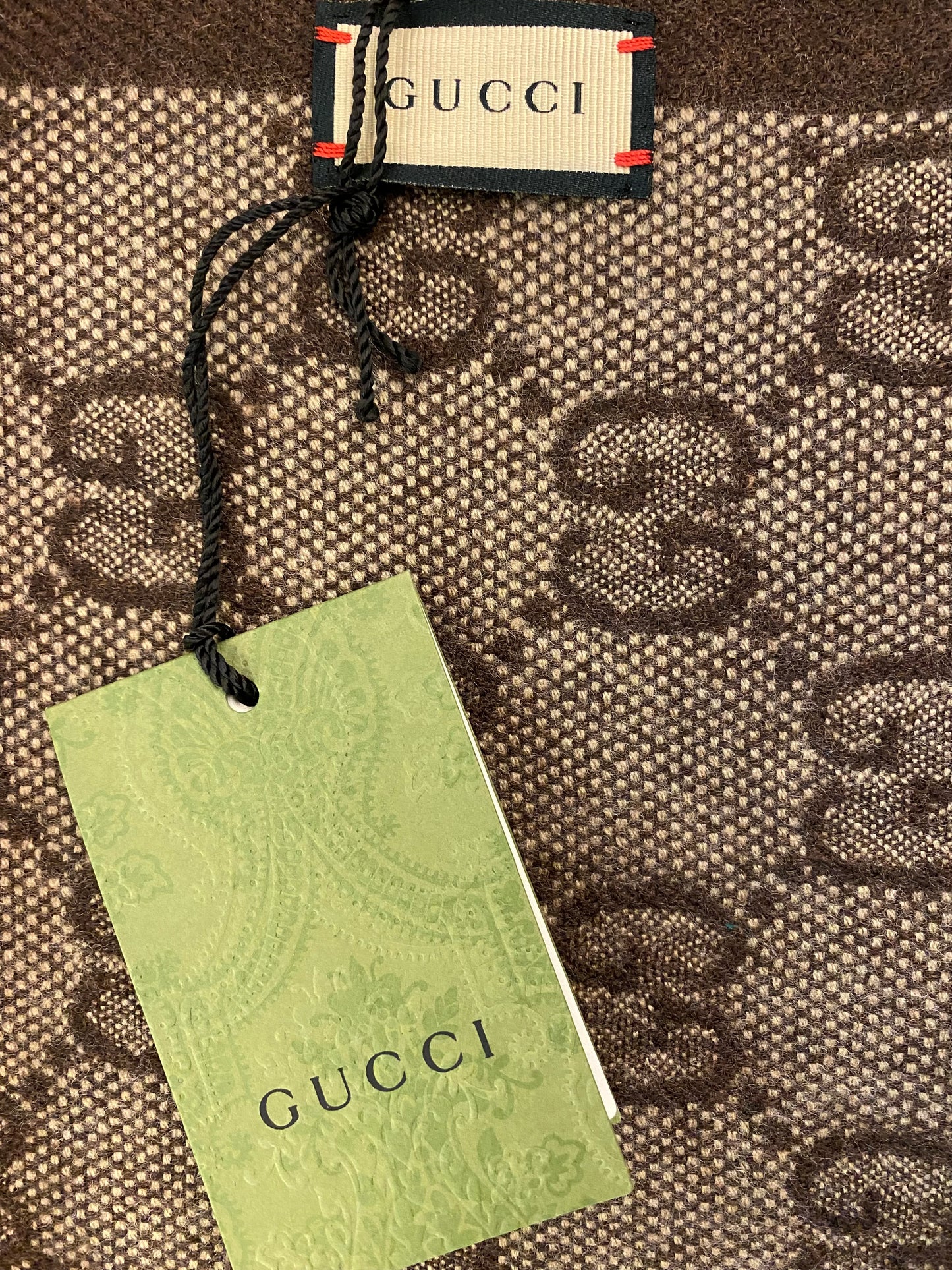 GUCCI GG Jacquard Knit Wool Scarf Brown/Navy
