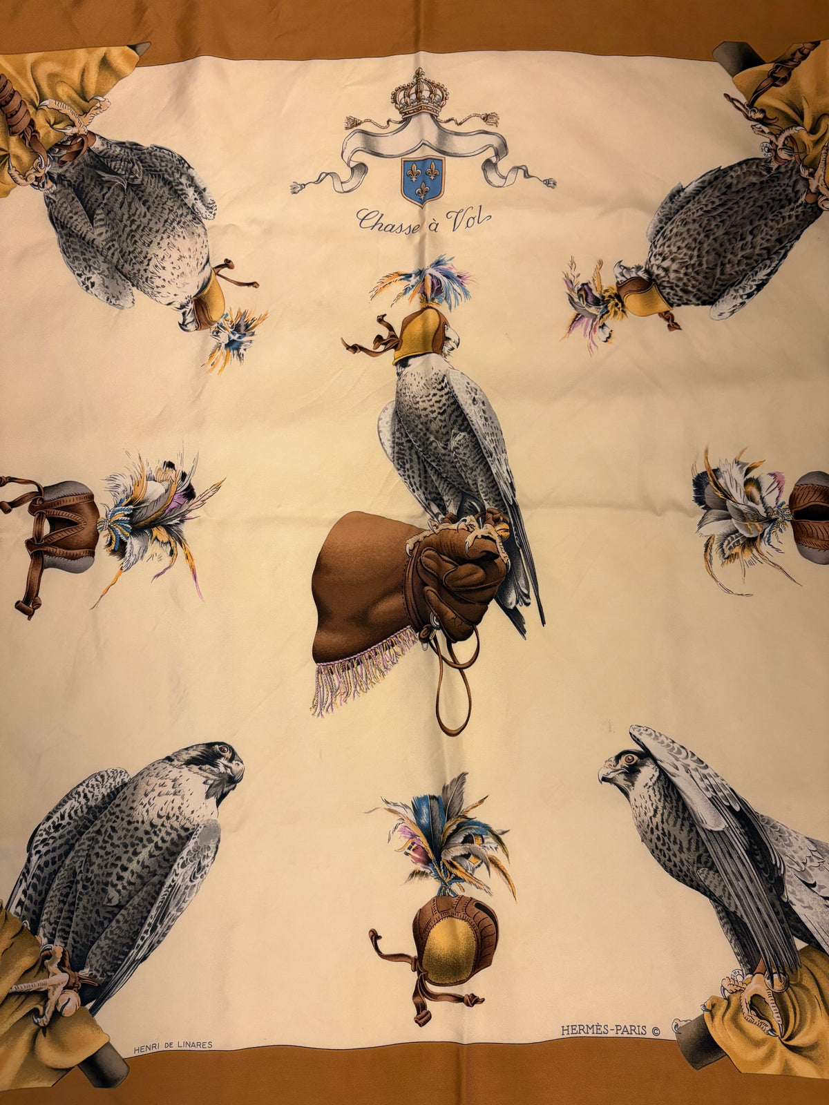 HERMÈS Vintage Silk Scarf “Chasse à Vol” by Henri de Linares 90x90 cm
