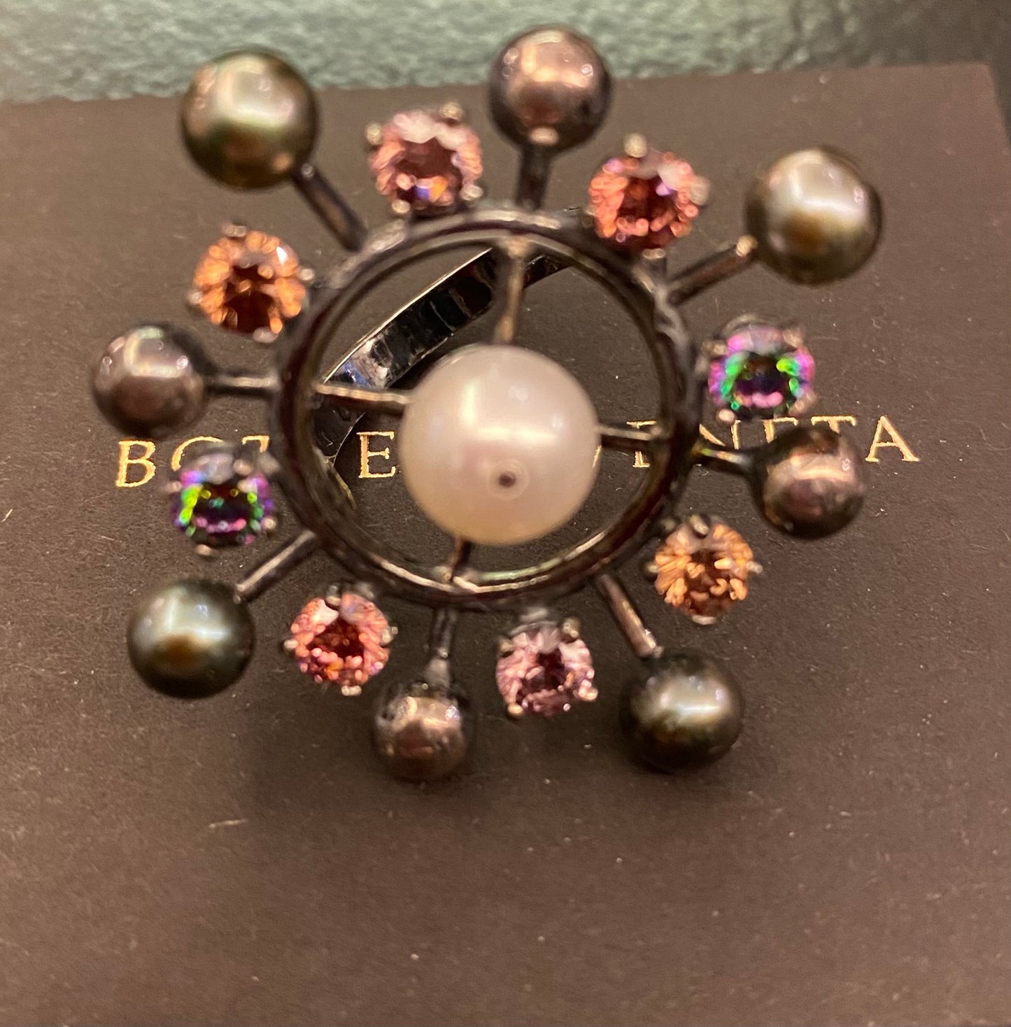 BOTTEGA VENETA Silver Crystals Pearls Ring