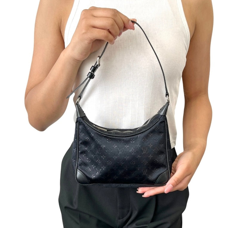 LOUIS VUITTON Mini Monogram Satin Boulogne Handbag Black